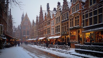 Obraz premium A picturesque snowy street lined with charming buildings and festive lights, creating a cozy winter atmosphere.