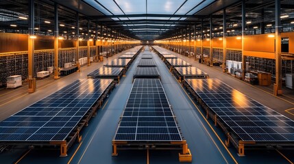 Fototapeta premium Spacious industrial warehouse interior with rows of solar panels on wheeled platforms, illuminated by overhead lights