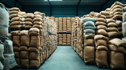 Obraz premium Warehouse interior with large stacks of burlap sacks filled with goods, organized on pallets under artificial lighting.