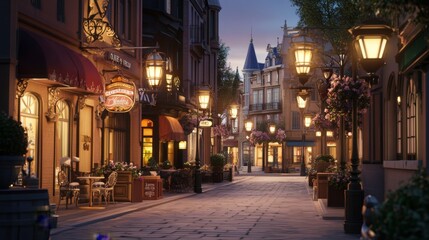 Obraz premium Charming European Street at Dusk with Warm Lighting