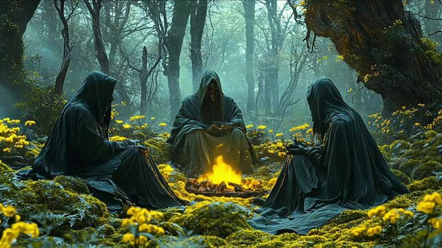 Celtic druids lighting bonfires and wearing animal skins during Samhain, the precursor to modern Halloween. Concept of Halloween in ancient Celtic times
