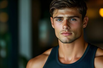 Fototapeta premium A close-up portrait of a young man with tousled hair and piercing blue eyes, wearing a sleeveless top, conveying confidence and strength.