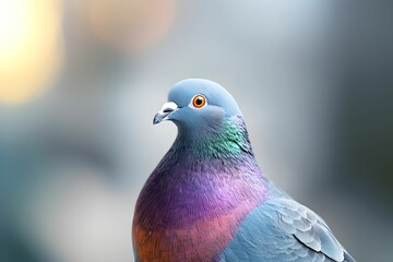 A vibrant close-up of a pigeon showcasing its iridescent feathers, particularly highlighted in shades of blue, purple, and copper.