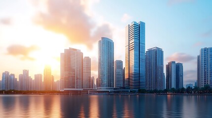 Fototapeta premium Urban skyline reflects sunset over water capturing the essence of modern architecture and city life