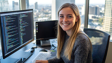 A female software developer smiling as she completes a coding task in a corporate office with a window view 
