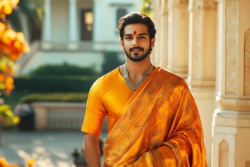 Obraz premium A young indian man in a vibrant orange saree stands confidently against a stunning architectural backdrop, exuding traditional elegance.