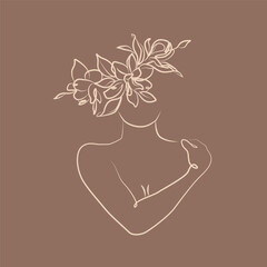 Naklejka premium Continuous Line Drawing of Woman Silhouette with Flowers. Floral Female Body Line Art Creative Abstract Concept Isolated Boho Linear Style. Female Minimalistic Illustration. Vector EPS 10