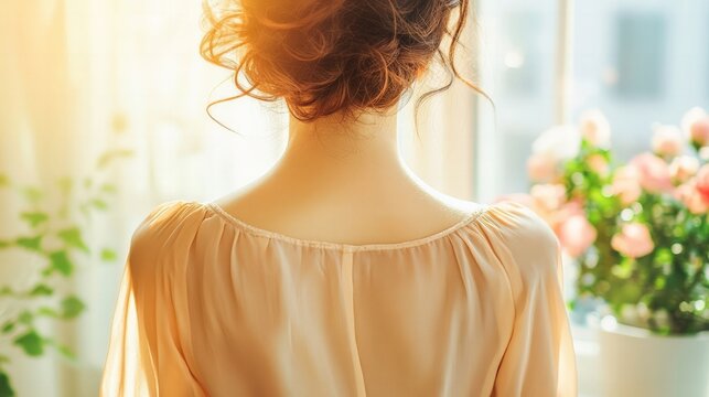 Close-up of a woman's back in an elegant blouse. Soft lighting highlights the smooth skin and simple, stylish composition.