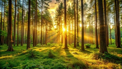 Obraz premium High-resolution image of a serene forest scene at sunset, with tall trees, lush greenery, and warm golden light filtering through the leaves, sunset, foliage pattern, woodland, forest