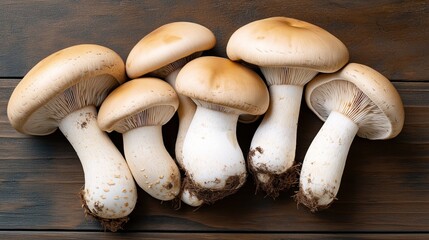 Close-up of a group of fresh white mushrooms with brown caps resting on a wooden surface, showing detailed gills and stems with soil