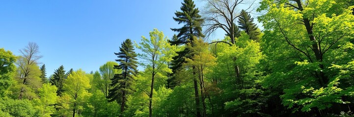 Fototapeta premium Lush green forest landscape in summer with tall trees, vibrant foliage, and clear blue sky, vibrant, tranquility, forest