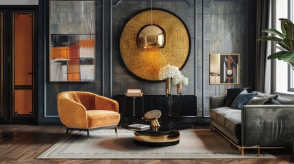 Retro-inspired living room with design chair, gold pendant lamp, coffee table, black frame, decor, and stylish accessories in eclectic home design.