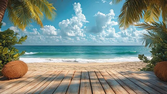 Wooden planks frame scenic beach view for tropical designs, travel advertisements, vacation promotions, and coastal themed background, generative ai
