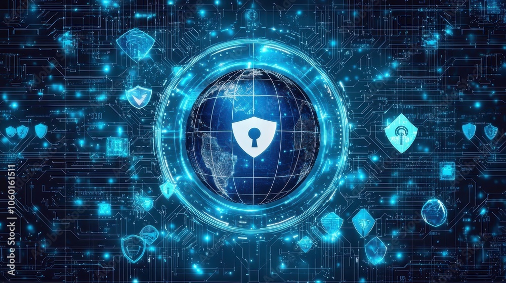 Poster secure digital globe with encryption shields and technology