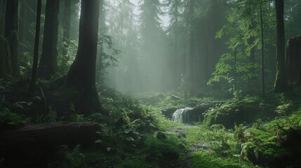 Obraz premium A misty forest path with a small waterfall leads to a sunlit clearing.
