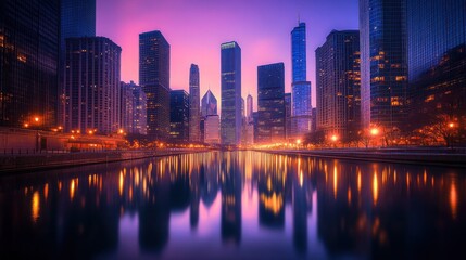 Obraz premium A vibrant sunrise paints the sky over a cityscape with skyscrapers reflected in the calm waters of a river.