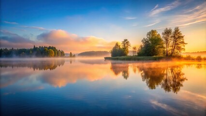 Obraz premium peaceful lake at dawn with mist rising from water, morning light, scenic, tranquil, landscape photography, mist