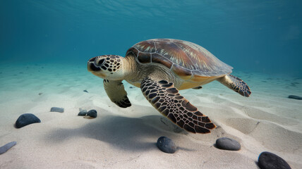Obraz premium A turtle is swimming in the ocean with a rocky beach in the background. The turtle is surrounded by small rocks, which are scattered throughout the scene. Concept of tranquility and peacefulness