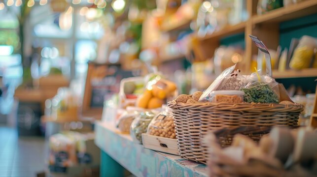 Defocused glimpse of a vibrant farmers market featuring a variety of handcrafted products and homemade treats.