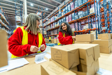 Women organizing shipments in a distribution warehouse