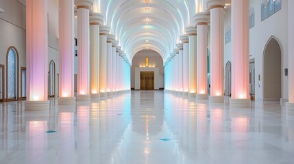 Fototapeta premium Majestic architecture invites visitors to explore a stunning hallway with colorful lighting and elegant columns