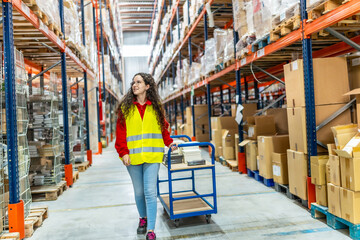 Worker moving boxes with cart in distribution warehouse © unai