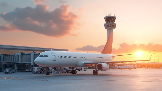 Airplane prepares for takeoff at sunset in busy airport scene