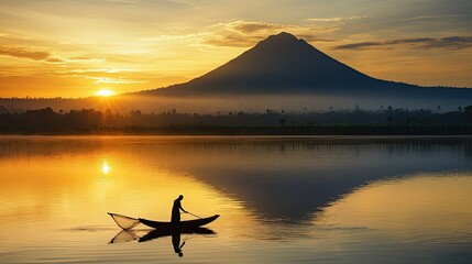 Sunrise fisherman casting his net
