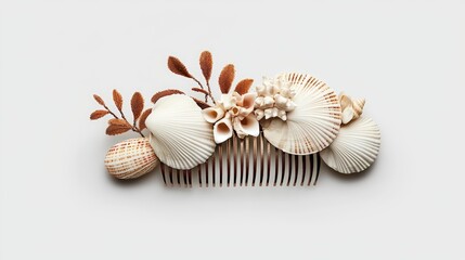 A beautiful hair comb adorned with seashells and natural elements, perfect for beach-inspired looks or summer accessories.