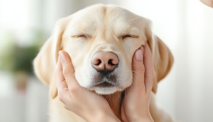 A person gently holds and caresses a loving golden retriever dog, capturing a moment of tenderness and affection in a calm, bright indoor setting.