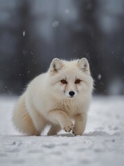 Naklejka premium An Arctic fox leaps through the winter snow. Generated with AI.
