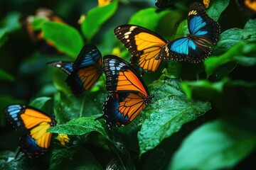 Obraz premium Colorful butterflies resting on lush green leaves in vibrant nature scene