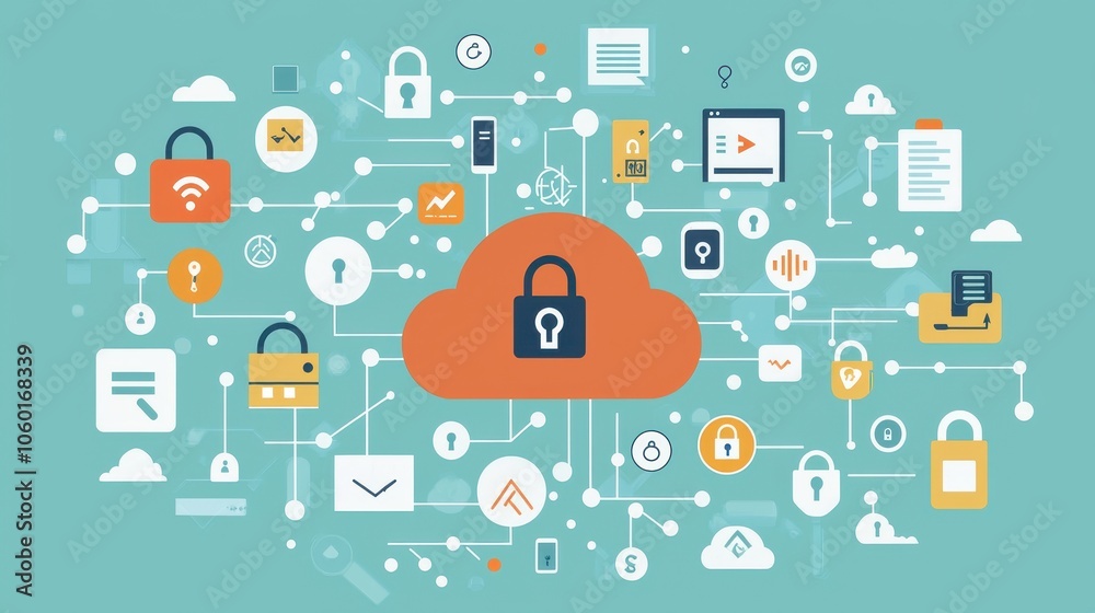 Poster secure cloud icon with floating elements