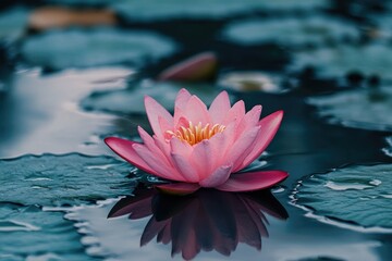 Pink lotus flower blooming peacefully on water surface