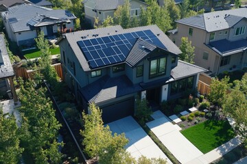 Modern suburban house with solar panels generating green energy