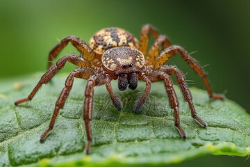 Fototapeta premium Brown and beige spider standing on a bright green leaf