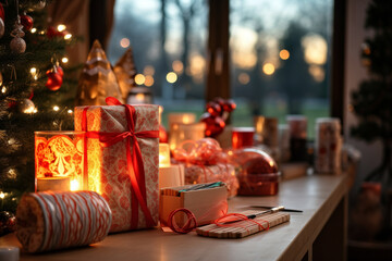 Christmas gift wrapping station filled with colorful ribbons and paper.