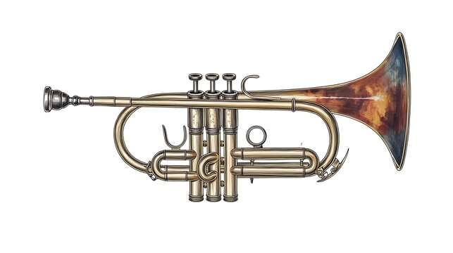 Creative and colorful drawing of a trumpet, captured in a detailed and artistic manner that highlights the craftsmanship of the brass instrument
