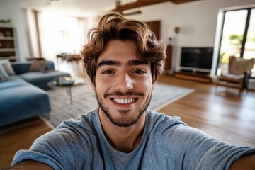 Obraz premium A cheerful man shares his happiness through a selfie in a contemporary space.