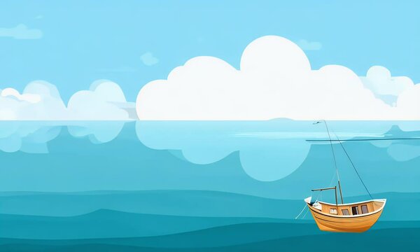 A Small Boat Floating on the Ocean with a Clear Sky and Fluffy Clouds Above - Relaxing Ocean Scene with Boat Animation