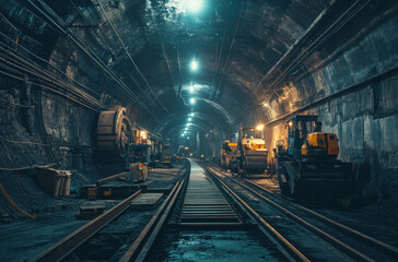 underground mining tunnel with steel tracks and heavy machinery, illuminated by bright lights, creating dramatic industrial atmosphere