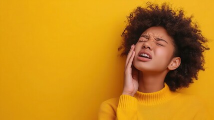 Person wincing in pain, hand to ear, medical background, experiencing ear ringing