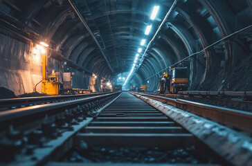 Obraz premium underground mining tunnel with steel tracks illuminated by lights, showcasing machinery and workers in dark environment. scene conveys sense of industrial activity and depth