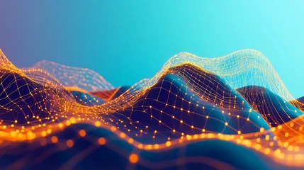 Fototapete A mesmerizing abstract digital landscape featuring neon glowing lines and particles, creating a dynamic and futuristic representation of data waves and technology advancements. © Koh's Smart