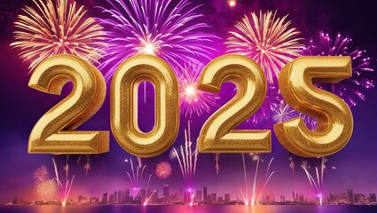 Happy New Year 2025 background with fireworks and bokeh