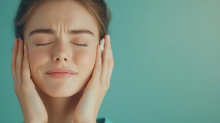 Naklejka premium Patient with closed eyes, grimacing from ear pain, healthcare environment, tinnitus concern