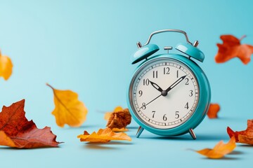 Blue alarm clock with white numbers on it sits on a blue background with orange leaves. The clock is set to the time of 10:30