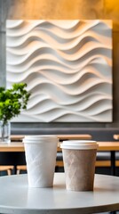 Two Coffee Cups on White Table.