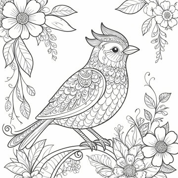 Bird in Flourish Garden Coloring Book Page with Doodle and Zentangle Elements
