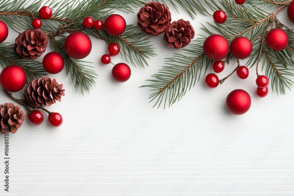 Wall mural white background with red and green christmas decorations. the red decorations include pine cones an